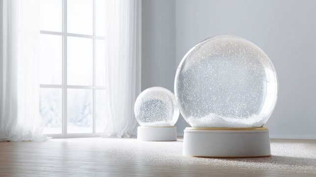 an empty scene featuring blank mockup template personalized snow globes with custom images creating an ideal product mockup space 