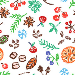 Christmas holiday spices seamless pattern background. Cinnamon, orange slice, red berry, pine branch. Crayon, pastel chalk or pencil kids hand drawing doodle funny style. Cartoon simple vector