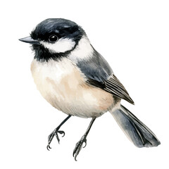 A hand-drawn illustration painting of a chickadee bird in soft watercolor style, featuring delicate brush strokes, isolated on a white background, artistic, painted design, EPS format © sabart
