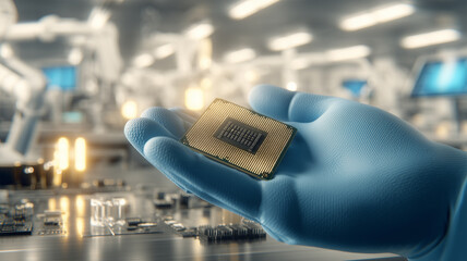 手袋をはめた手がCPUチップを精密に扱う