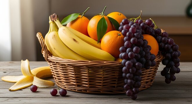Fresh fruit basket still life photography with bananas oranges and grapes on wooden table healthy food diet
