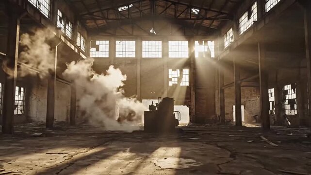 Sunlight streams through windows of an abandoned industrial building with a machine and smoke
