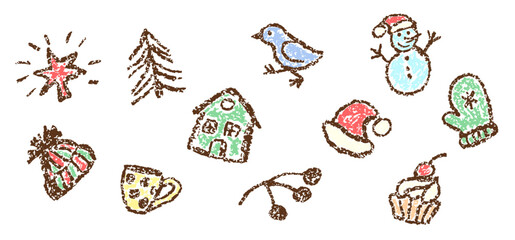 Christmas things. Holiday set. Tree, snowman, bird, Santa Claus hat, cup, cake, mitten, star, house. Crayon, pastel chalk or pencil kids hand drawing doodle funny style. Cartoon flat art simple vector