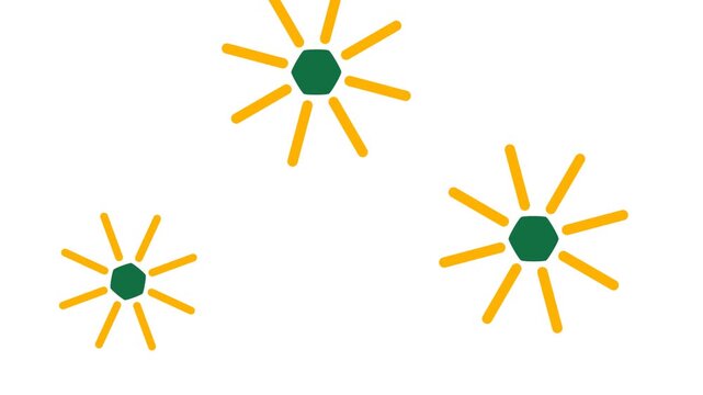 Minimalist abstract flowers with green hexagon centers and yellow elongated petals flat vector illustration on white background