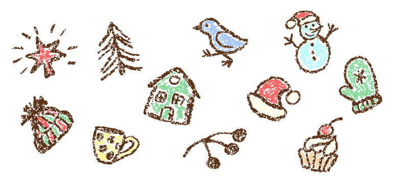 Christmas things. Holiday set. Tree, snowman, bird, Santa Claus hat, cup, cake, mitten, star, house. Crayon, pastel chalk or pencil kids hand drawing doodle funny style. Cartoon flat art simple vector