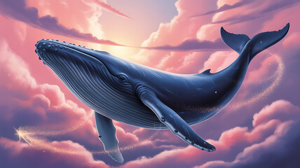Majestic Blue Whale Soaring Through Dreamy Pink Clouds with Sparkling Light Trails, Fantasy Marine Life Artwork