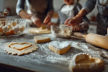 Family bonding while baking heart-shaped cookies in a cozy kitchen emphasizing collaboration and creativity during festive culinary traditions captured with clarity