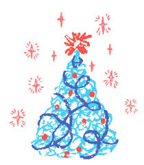 Naive kids art Christmas blue tree with sparks, flashes. Like child's hand drawing crayon or pencil simple childlike flat design. Vector doodle funny innocent easy cartoon bright playful scribble