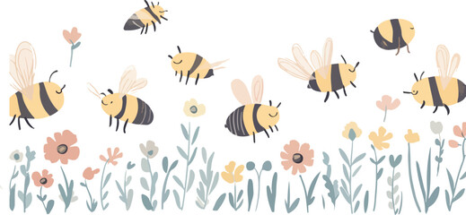 Fototapeta premium A colorful cartoon seamless floral pattern vector illustration with butterfly and insect set