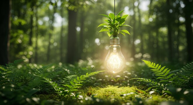 Hand holding light bulb against nature on green leaf with renewable energy sources, Sustainable development and responsible environmental, Energy sources for clean renewable, Ecology concept