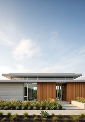 Modern architecture home with clean lines under a serene blue sky design aesthetic