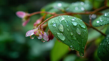 Dewdrops on green leaves and delicate pink flowers after rain