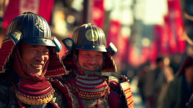 Festive Ako Gishisai, Japan Smiling Samurai Warriors in Traditional Armor amidst a Lively Celebration of Historical Loyalty & Cultural Pride