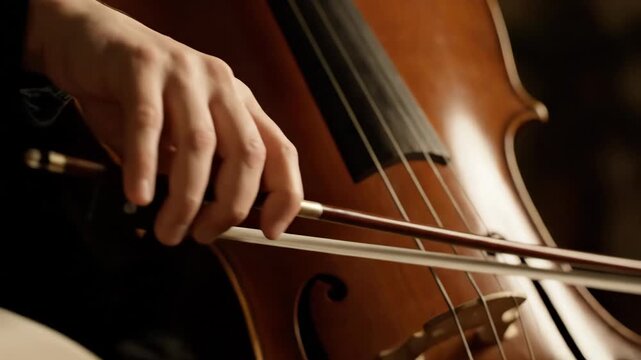Musician's hand performing classical music on a cello, drawing the bow across the strings, showcasing musical skill and passion for acoustic performance