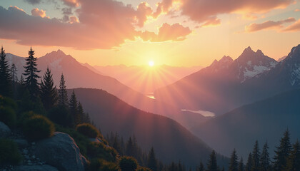 Sunset over snow-capped mountains with glowing clouds and river reflection, majestic nature