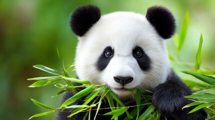 A gentle giant panda is seen munching on fresh bamboo, surrounded by vibrant greenery. The serene setting and soft light create a delightful atmosphere, showcasing the panda's beauty