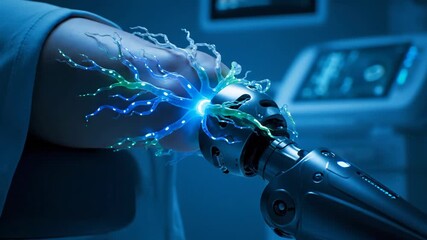 Human arm integrating with advanced robotic limb, showing neural connections and futuristic technology for transhumanism and prosthetic development in a medical setting - Powered by Adobe