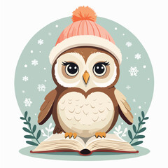 cute owl wearing a tiny winter beanie, holding open book, calm and cozy winter mood, round body, big gentle eyes