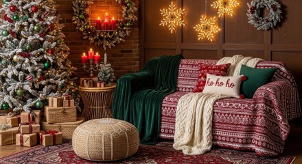 Cozy Christmas living room interior decorated with a flocked tree, wrapped gifts, and festive holiday details.