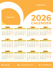 2026 Calendar Vector Template &ndash; Minimalist Yearly Planner Design, Printable Modern Wall and Desk Calendar