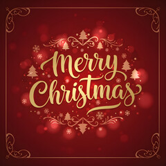 Merry christmas greeting card design with gold lettering on a red background for festive holiday season