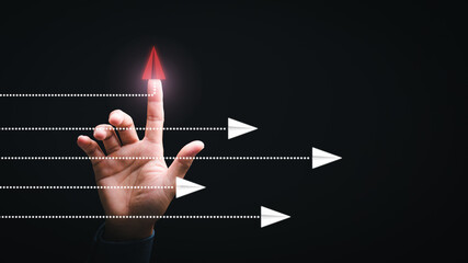 Businessman pointing to red icon,creativity and solving new problems different, business for innovative solution ideas, decision making and dare to change for the better.