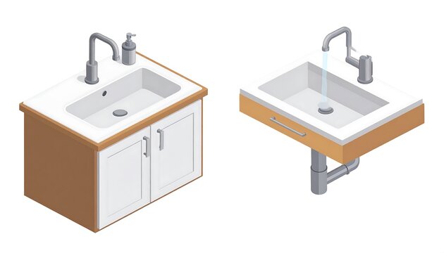 Two isometric illustrations depict bathroom sinks. One is on a cabinet, the other wall-mounted. Both show faucets, drains, and soap dispensers