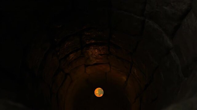 Glowing fire opal sphere, featuring vibrant orange and yellow colors, resting between dark rocks inside a mysterious cave opening creating an ethereal, magical atmosphere