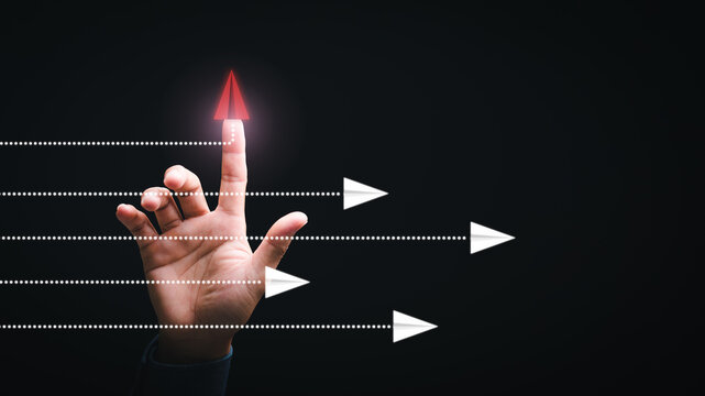 Businessman pointing to red icon,creativity and solving new problems different, business for innovative solution ideas, decision making and dare to change for the better.