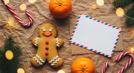 Festive Christmas flat lay with gingerbread man cookie, candy canes, and blank greeting card copy space