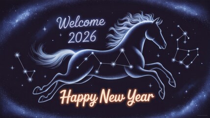 Background of the night sky with luminous constellations forming the outlines of a galloping horse. The stars form the inscription ”Welcome to 2026".