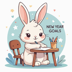 cute bunny sitting at small table writing ‘New Year Goals’ 