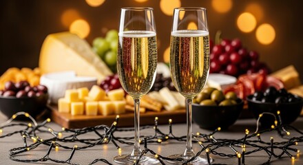 Two glasses of sparkling wine with a blurred charcuterie board and festive string lights