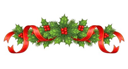 Festive christmas garland with holly leaves, red berries, and a red ribbon isolated on white background