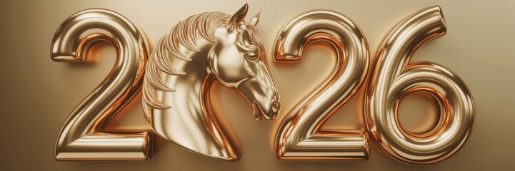 A banner with the image of a golden horse. The symbol of the year of the horse 2026. The image is made in a luxurious gold-metallic 3D style.