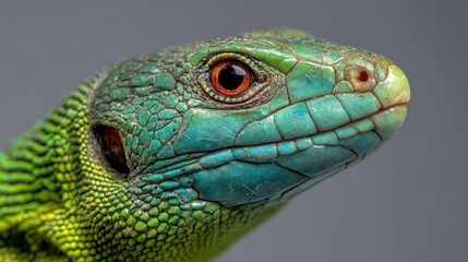 Image of a green lizard s head against a gray backdrop
