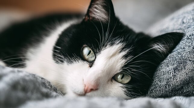 Image of a gray and white cat resting on a cushion - Powered by Adobe
