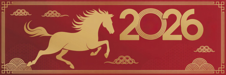 The banner “Chinese New Year 2026", with the silhouette of a golden horse running gracefully with a flowing mane.