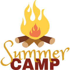 Campfire illustration with the words Summer Camp underneath perfect for outdoor recreational activities and seasonal events