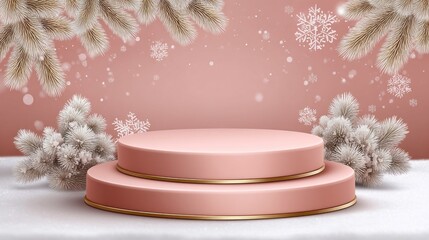 A beautifully designed podium stands ready to highlight cosmetic products. Soft pink tones complement frosty decorations, creating a charming winter ambiance perfect for a product reveal event