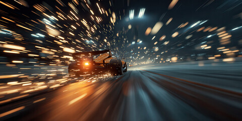 Speeding through a city at night with sparks and light trails