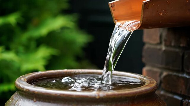 Rainwater flowing from a copper downspout into a ceramic barrel, illustrating sustainable water collection and conservation for gardening and environmental responsibility