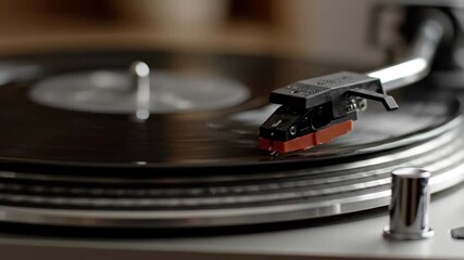 Vinyl record spinning on a turntable while the stylus cartridge plays music, evoking a sense of nostalgia, retro audio, and vintage sound entertainment
