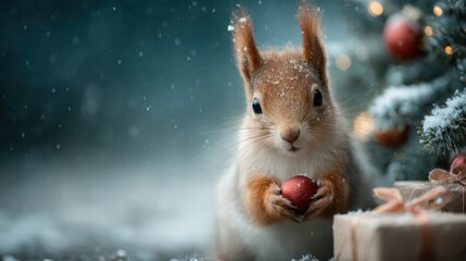 squirrel stands in front of a snow-covered Christmas tree
