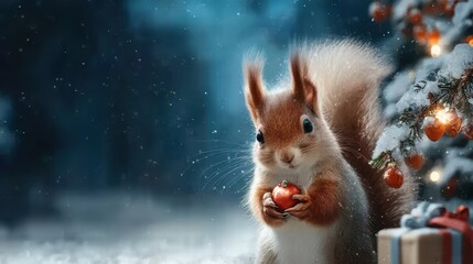 squirrel stands in front of a snow-covered Christmas tree