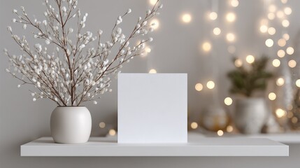 square white greeting card mockup on white shelf with white christmas tree branches soft bokeh and twinkling lights minimal holiday template with copy space for branding invitation and social media