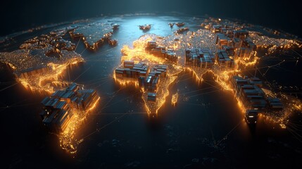 global logistics network supply chain optimization international shipping world map container port transportation glowing connection business commerce efficiency innovation