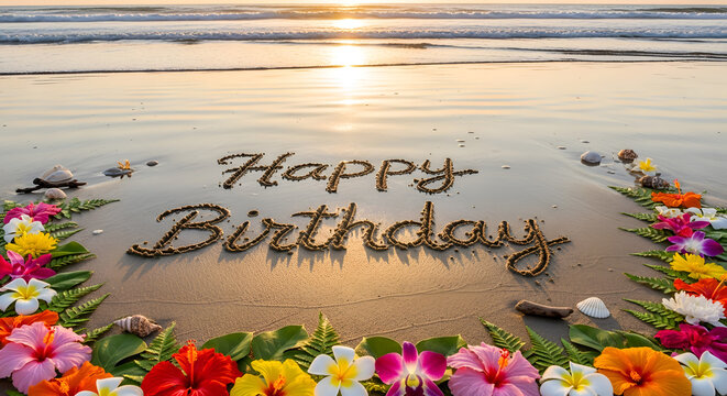 Happy birthday message written in the sand with tropical flowers and seashells at sunset on the beach