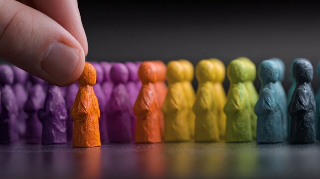 the chosen one a focused hand selects a brightly colored figure amidst a row of identical forms signifying choice selection and strategic decisionmaking capturing the essence of recruitment