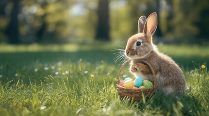 a cute baby bunny carrying an easter basket